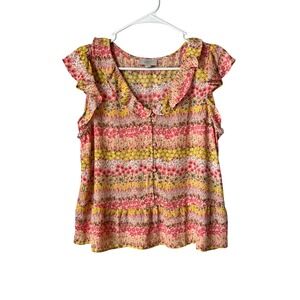 LOFT Outlet Pink Yellow Floral Ruffle Flutter Sleeve Peplum Blouse Medium